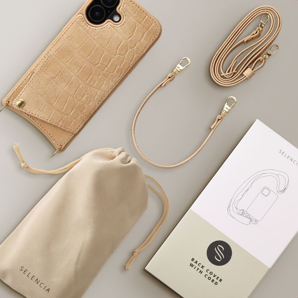 Selencia Nova Croco Phone Case with Cord and Card Holder Apple iPhone 16 - Toasted Almond