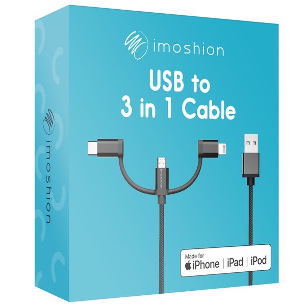 imoshion 3-in-1 kabel - Lightning, USB-C en Micro-USB kabel - Gevlochten textiel - 1,5 meter - Zwart