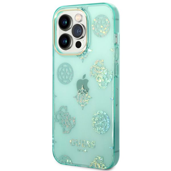 Guess Peony Glitter Backcover iPhone 14 Pro - Turquoise