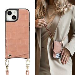 Selencia Nova Croco Backcover met koord en pashouder iPhone 15 - Old Pink