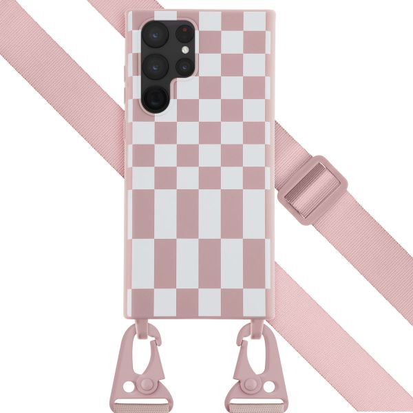 Selencia Siliconen design hoesje met afneembaar koord Samsung Galaxy S22 Ultra - Irregular Check Sand Pink