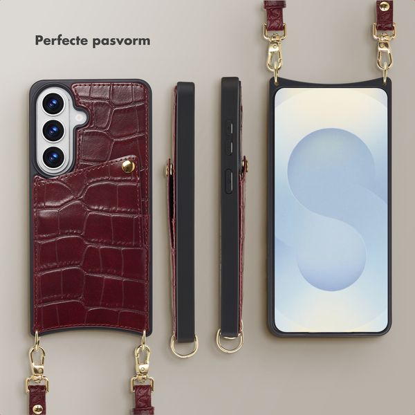 Selencia Nova Croco Telefoonhoes met Koord en Pashouder Samsung Galaxy S26 - Burgundy