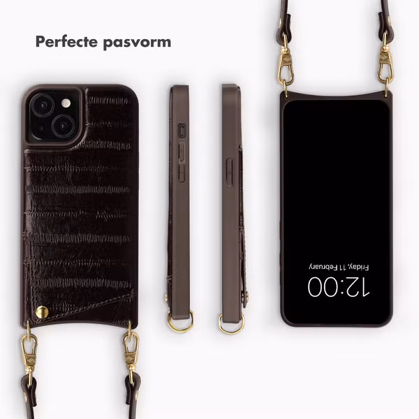 Selencia Nova Real Leather Backcover met Koord en Pashouder Apple iPhone 15 - Dark Chocolate