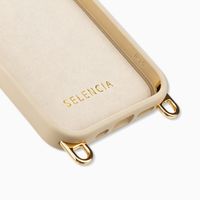 Selencia Rivièra MagSafe Backcover met afneembare haakjes voor de Apple iPhone 14 / 13 - Milky Latte + Satin Stone Polskoord - Brown