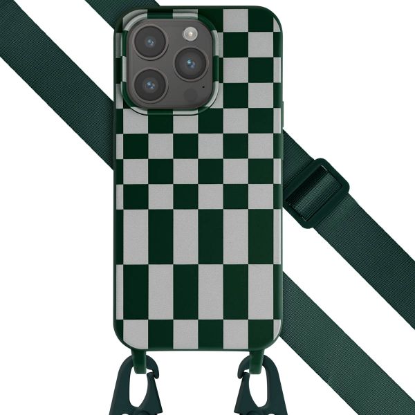 Selencia Siliconen design hoesje met afneembaar koord iPhone 15 Pro - Irregular Check Green