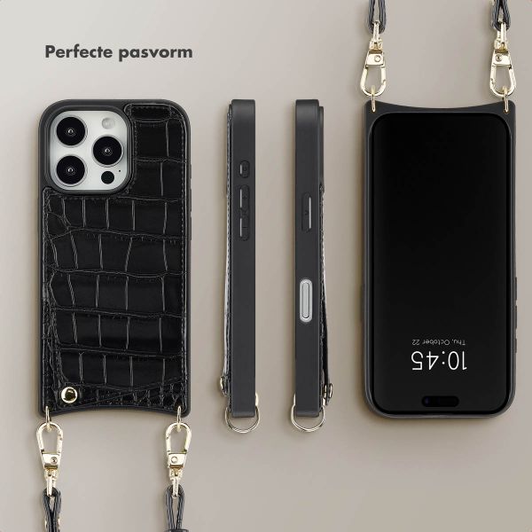 Selencia Nova Croco Backcover met koord en pashouder iPhone 16 Pro - Black