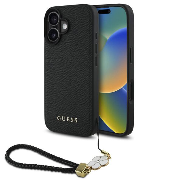 Guess Grained Backcover MagSafe met Flower Charm Strap iPhone 16 - Zwart