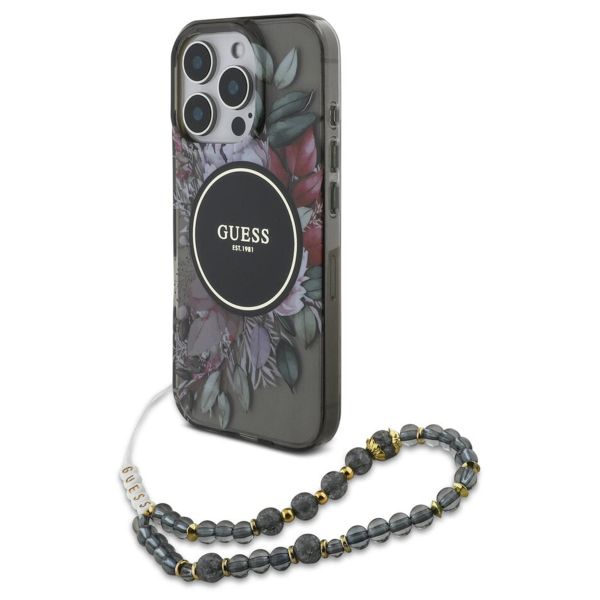 Guess MagSafe IML Flowers Case met beads strap Apple iPhone 15 Pro Max - Zwart