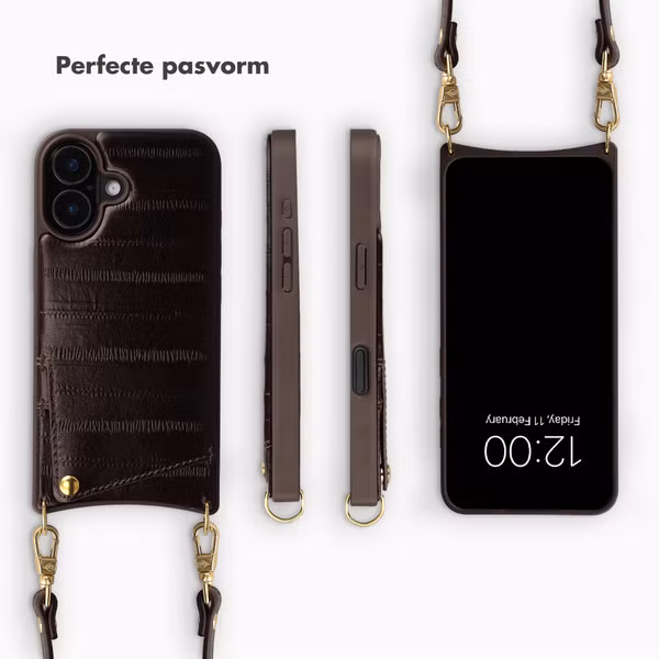 Selencia Nova Real Leather Backcover met Koord en Pashouder Apple iPhone 16 - Dark Chocolate