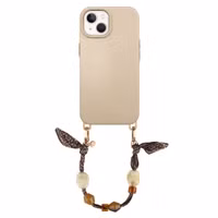 Selencia Rivièra MagSafe Backcover met afneembare haakjes voor de Apple iPhone 15 - Milky Latte + Satin Stone Polskoord - Brown