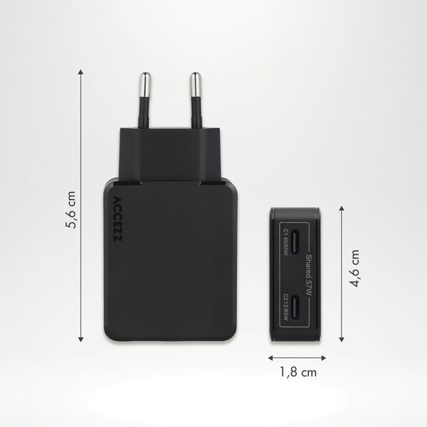 Accezz Ultra Slim GaN Oplader - 2x USB-C - 65W - Zwart