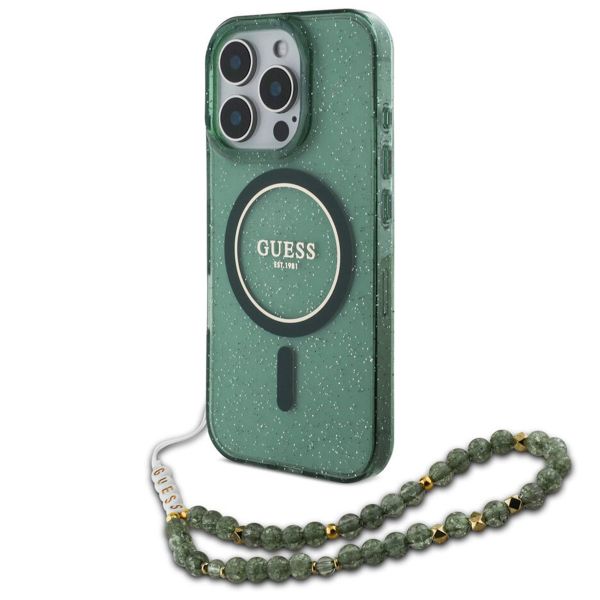 Guess MagSafe IML Glitter Case met beads strap Apple iPhone 16 Pro - Green
