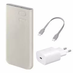 Samsung Originele Powerbank Bundel | Samsung Galaxy Batterij Pack 10.000 mAh - 2x USB-C - Beige + Samsung 25 Watt USB-C Adapter - Wit