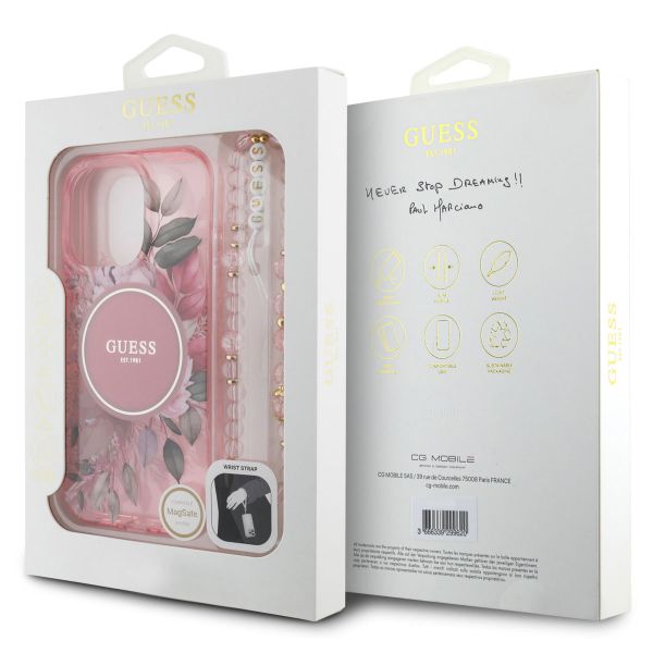 Guess MagSafe IML Flowers Case met beads strap Apple iPhone 16 Pro Max - Pink