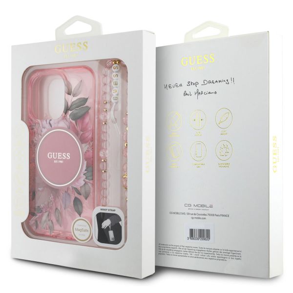 Guess MagSafe IML Flowers Case met beads strap iPhone 16 Pro Max - Pink