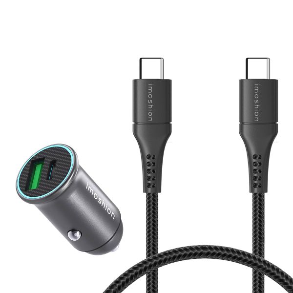 imoshion Mini autolader - 2 poorten - USB-A Quick Charge - USB-C Power Delivery - 60 Watt + Braided USB-C naar USB-C kabel - 1 meter - Zwart