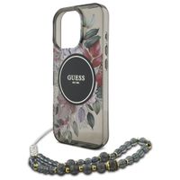 Guess MagSafe IML Flowers Case met beads strap Apple iPhone 15 Pro Max - Zwart
