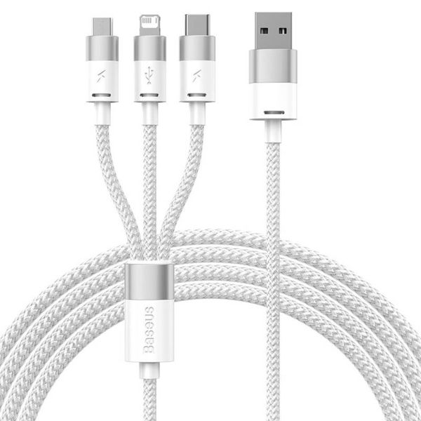 Baseus StarSpeed Series 3-in-1 snellaadkabel - USB-A naar USB-C / Lightning / Micro-USB - 1,2 meter - Wit