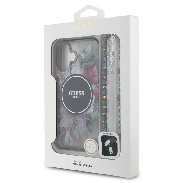 Guess MagSafe IML Flowers Case met beads strap Apple iPhone 16 - Zwart