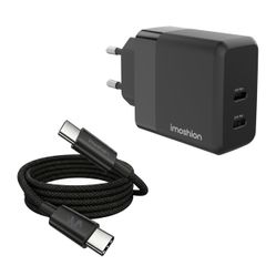 imoshion Oplader - 2x USB-C 40W + Braided USB-C naar USB-C kabel 100W - 1 meter - Zwart