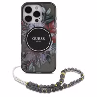 Guess MagSafe IML Flowers Case met beads strap Apple iPhone 16 Pro Max - Zwart