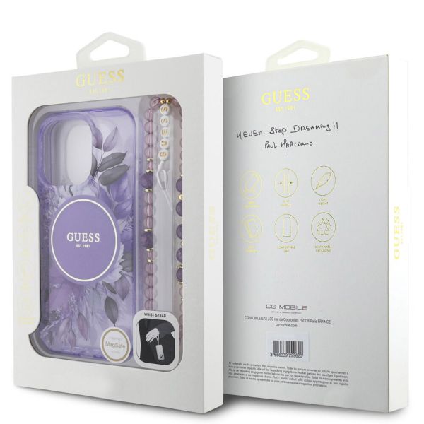 Guess MagSafe IML Flowers Case met beads strap Apple iPhone 15 Pro Max - Purple