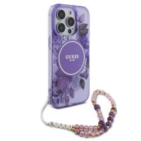 Guess MagSafe IML Flowers Case met beads strap iPhone 15 Pro - Purple