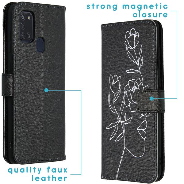 imoshion Design Softcase Bookcase Galaxy A21s - Woman Flower Black