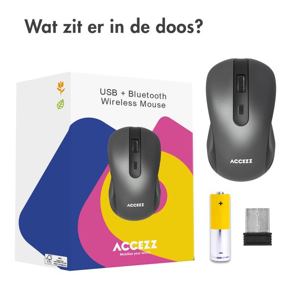 Accezz Draadloze muis - Bluetooth / USB-A adapter - Grijs