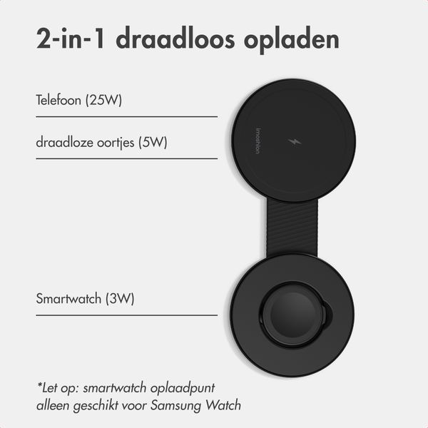 imoshion 2-in-1 Draadloze Reisoplader 25W - Smartphone / Oordopjes / Samsung Watch - Qi2.2 - Zwart