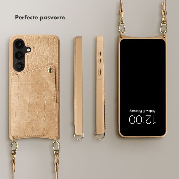 Selencia Nova Croco Telefoonhoes met Koord en Pashouder Samsung Galaxy S25 / S24 - Toasted Almond
