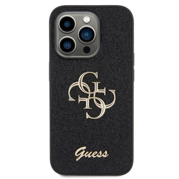 Guess 4G Metal Logo Glitter Backcover iPhone 15 Pro - Zwart