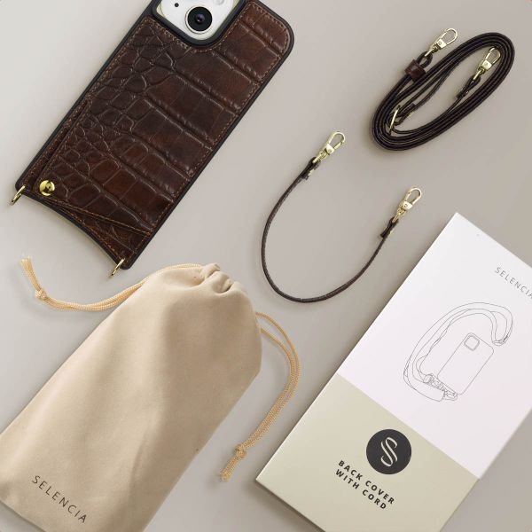 Selencia Nova Croco Phone Case with Cord and Card Holder Apple iPhone 15 - Choco Brown