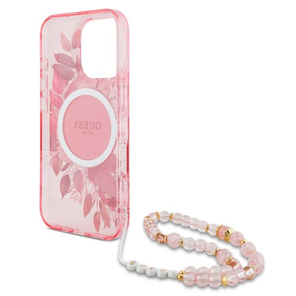 Guess MagSafe IML Flowers Case met beads strap iPhone 16 Pro Max - Pink