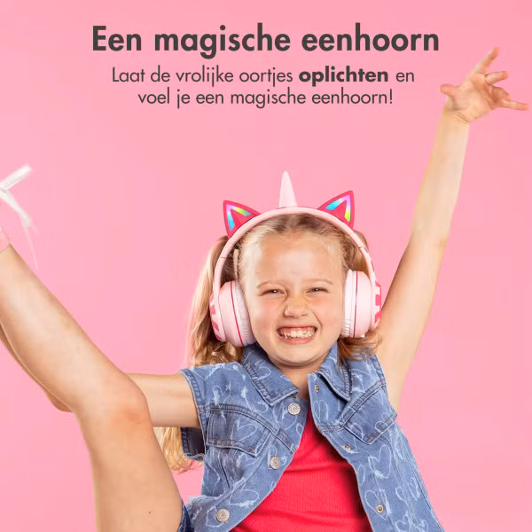 imoshion Kidspakket | Kidsproof backcover voor de Samsung Galaxy Tab A11 Plus / A9 Plus + Draadloze Kinderkoptelefoon Unicorn + Reistafel - Roze