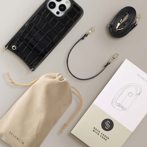 Selencia Nova Croco Phone Case with Cord and Card Holder Apple iPhone 16 Pro - Black
