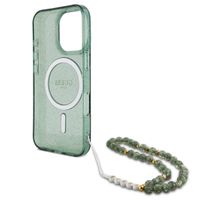 Guess MagSafe IML Glitter Case met beads strap iPhone 16 Pro - Green