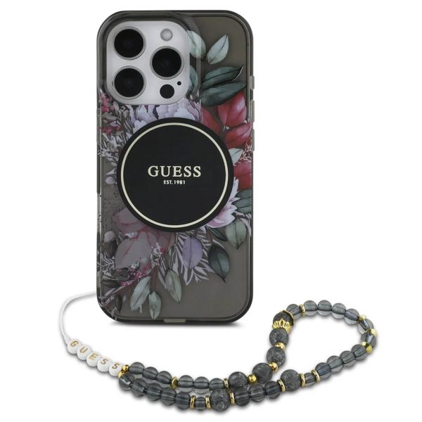 Guess MagSafe IML Flowers Case met beads strap iPhone 15 - Black