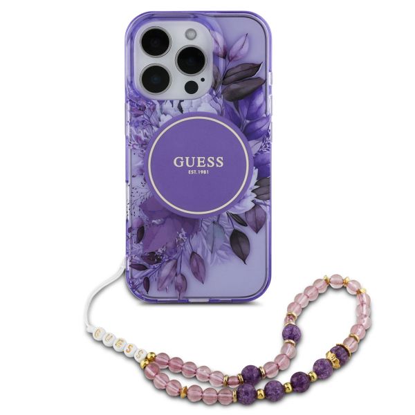 Guess MagSafe IML Flowers Case met beads strap iPhone 15 Pro - Purple