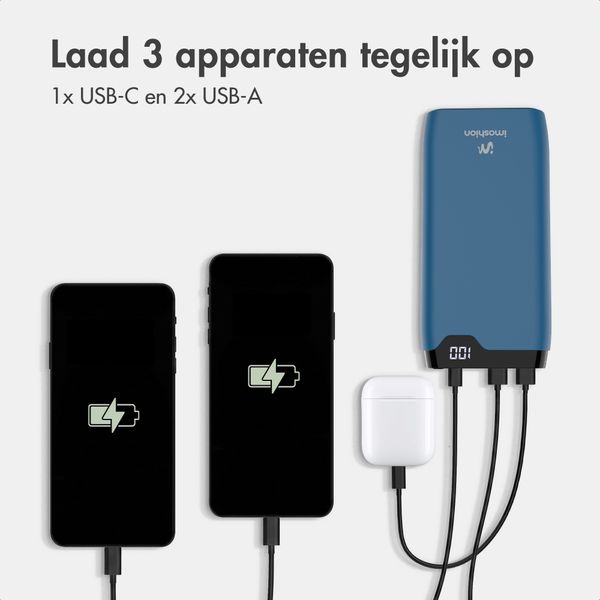 imoshion Powerbank 20.000 mAh - 22,5W Snellader - USB-C / USB-A - Blauw