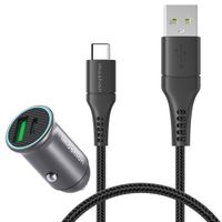 imoshion Mini autolader - 2 poorten - USB-A Quick Charge - USB-C Power Delivery - 60 Watt + Braided USB-C naar USB-C kabel - 0,5 meter - Zwart