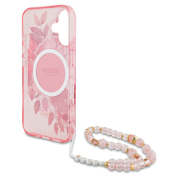 Guess MagSafe IML Flowers Case met beads strap Apple iPhone 16 - Pink