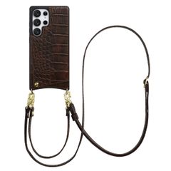Selencia Nova Croco Telefoonhoes met Koord en Pashouder Samsung Galaxy S25 Ultra - Choco Brown
