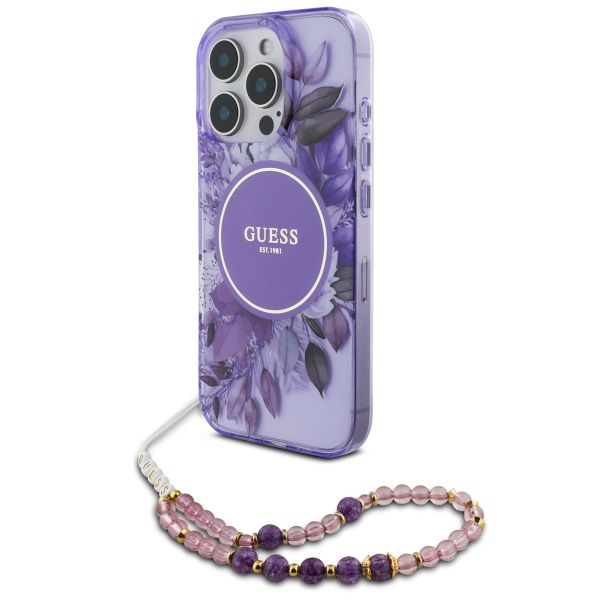 Guess MagSafe IML Flowers Case met beads strap iPhone 16 Pro Max - Purple