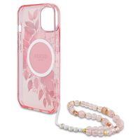 Guess MagSafe IML Flowers Case met beads strap iPhone 15 - Pink