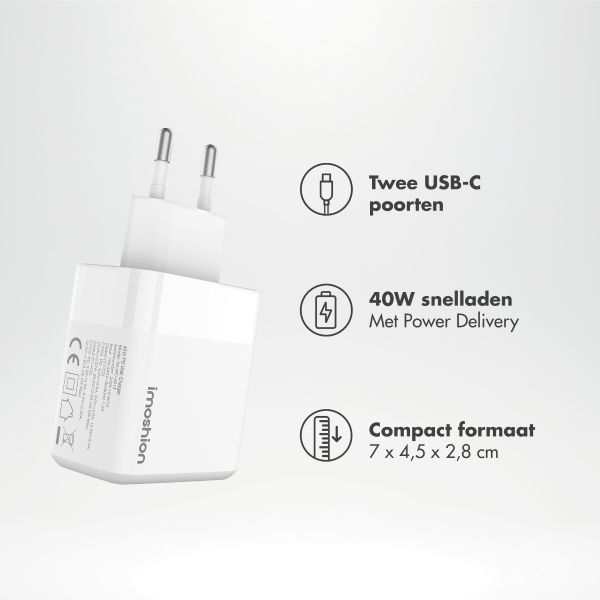 imoshion Oplader - 2x USB-C 40W + Braided USB-C naar USB-C kabel 60W - 1 meter - Wit