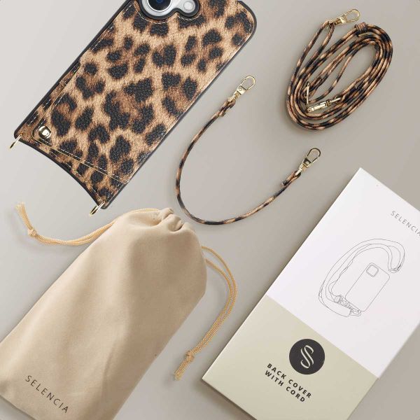 Selencia Nova Backcover met koord en pashouder iPhone 16 - Leopard