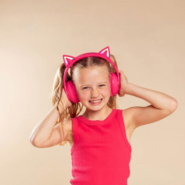 imoshion Draadloze Kinderkoptelefoon LED Light Cat Ear - Decibelbegrenzer - Met AUX kabel - Hot Pink