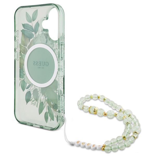 Guess MagSafe IML Flowers Case met beads strap iPhone 16 - Green