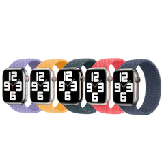 Apple 5 Pack Gevlochten solobandje voor de Apple Watch | 44/45/46/49 mm - Maat 8 - Lavender/ Maize/ Lake Green/ Guave/ Storm Blue